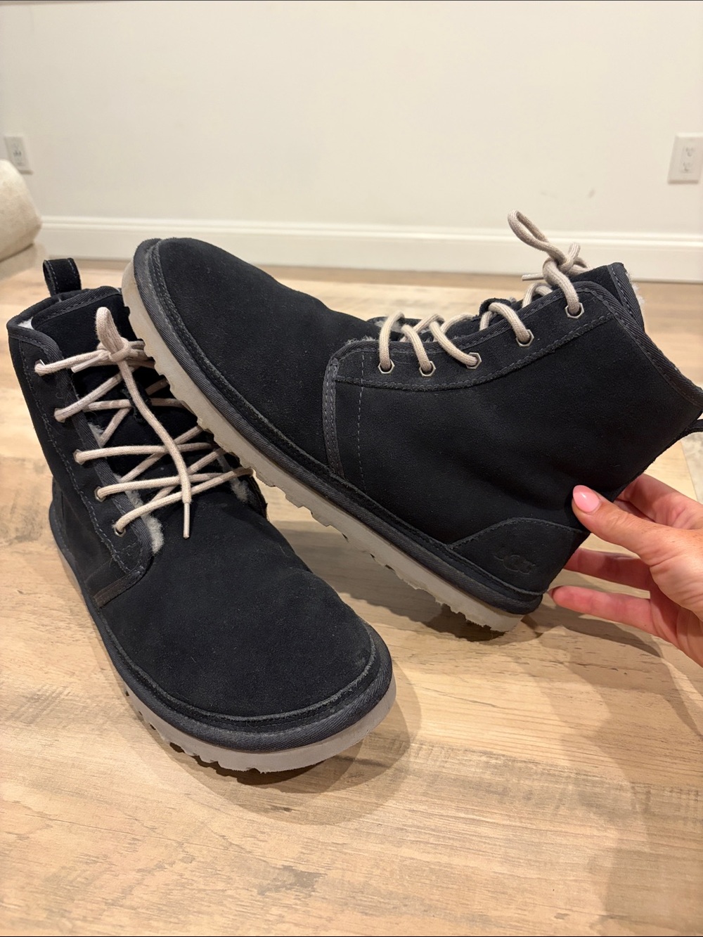 UGG Men's Navy Suede Chukka Boots with light grey laces and fur
